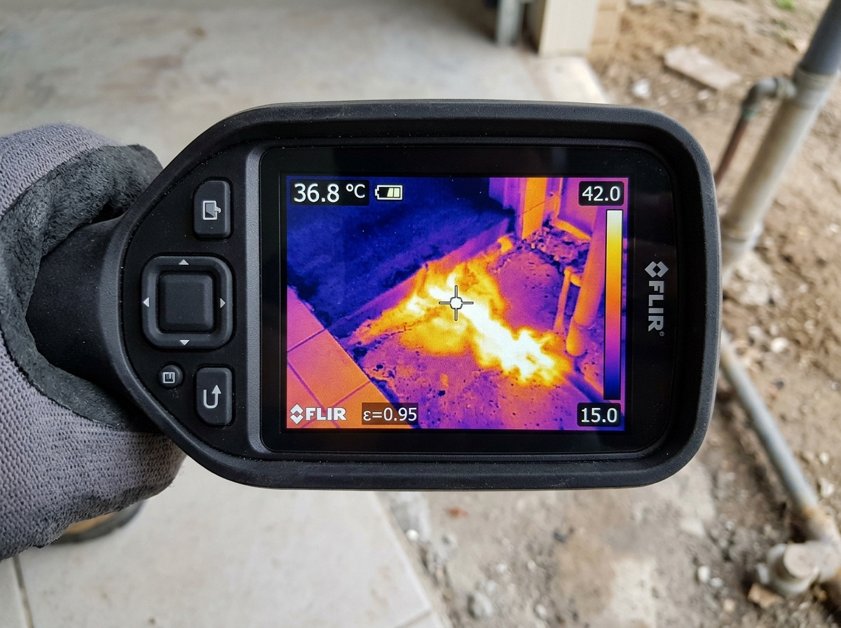 Thermal imaging monitor showing glowing hot water pipe leak under tile floor